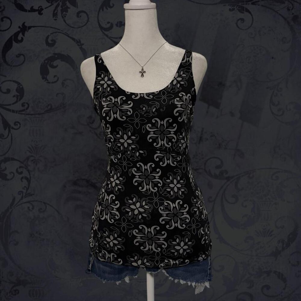 grey & white ornamental floral scroll print black boho grunge whimsical cami top